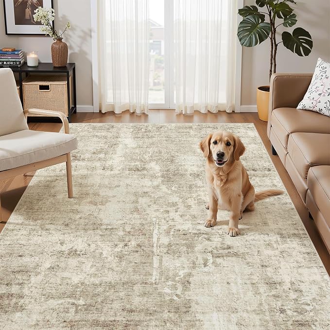 Soalmost Abstract 3x5 Rugs, Small Kitchen Entryway Area Rug Beige/Gray | Vintage Low Pile Carpet for Nursery Coffee Table Bathroom, Foldable Stain Resistant Indoor Door Mat Entrance Powder Room