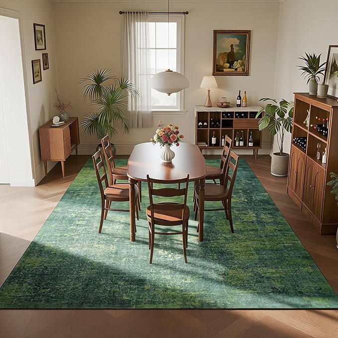 Washable Rugs 8x10 Area Rugs for Living Room-Green Modern Abstract Rugs for Bedroom,Dining Room,Large Soft Low Pile Carpet with Non Slip Rubber Backing,Neutral Accent Rug for Nursery Home Office
