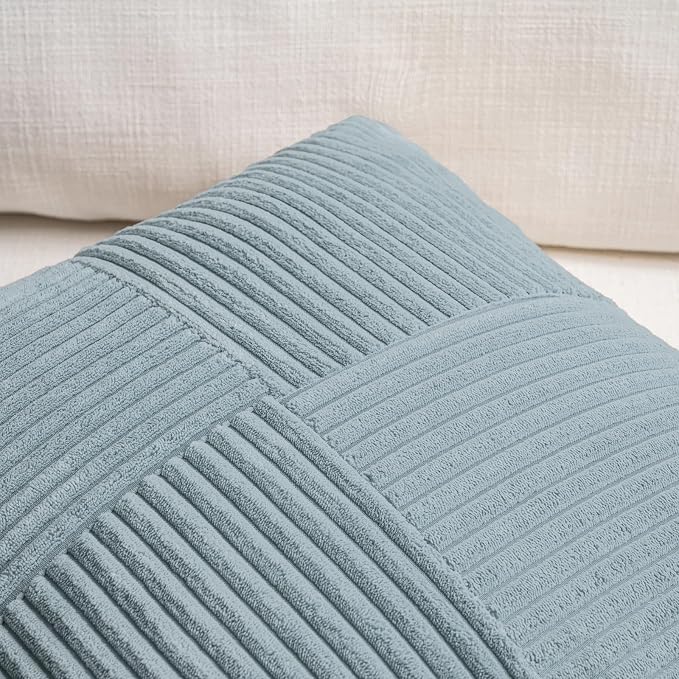 Fancy Homi Set of 2, Light Blue Patchwork Corduroy Decorative Soft Striped Modern Accent Cushion Case Farmhouse Boho Neutral Throw Pillow Covers for Chair Couch Bed Sofa Living Room 32x16 Inch
