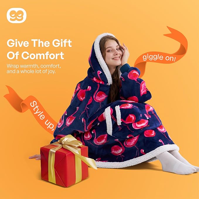 Giggling Getup Wearable Blanket Hoodie for Adults Gifts for Teen Girls Sister Women Sherpa Fleece Printed Hooded Blanket Sweatshirt Warm Cozy with Pocket & Sleeves Blue Flamingo