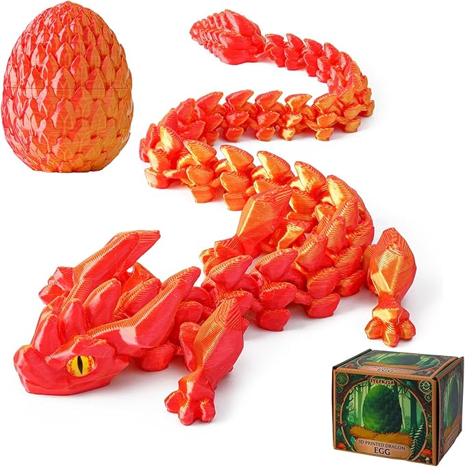 FYEFKJSA 3D Printed Dragon Eggs with Dragon Inside - 12Inch,Articulated Fidget 3D Printed Animals, Interesting Decorative Gift, Easter Basket Essentials Stuffers (Laser Red)