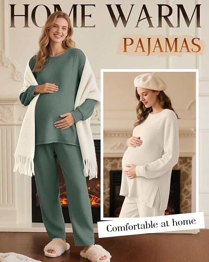 3 Pack Women's Maternity Shirts Long Sleeve Waffle Knit Side Split Oversized Tops Pregnancy Clothes Fall Tees