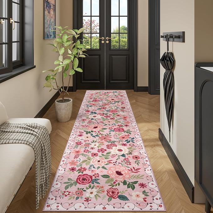DUKINO 2.6x10 Runner Rug for Hallway, Washable Kitchen Rugs Non Slip, Pink | Soft, Low Pile, Floral Indoor Floor Rug Runner for Entryway, Bedroom, Bathroom, Laundry, Pet Friendly, Home Decor, Ultra-Thin