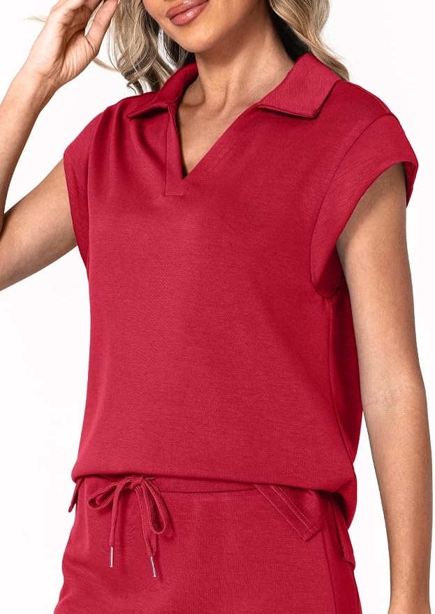 Casly Lamiit Womens Two Piece Skirt Sets Casual Cap Sleeve Lapel V Neck Tops Summer Travel Outfits Short Tennis Skort Set