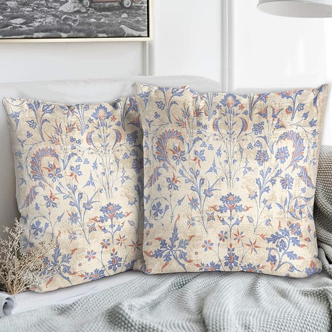 Boho Floral Throw Pillow Covers 18x18 inch Set of 2,Cream Boho Rug Geometric Floral Pattern Decor Double Sided Pattern Cushion Cover Soft Pillow Case Living Sofa Room Bed Square Pillow Cover