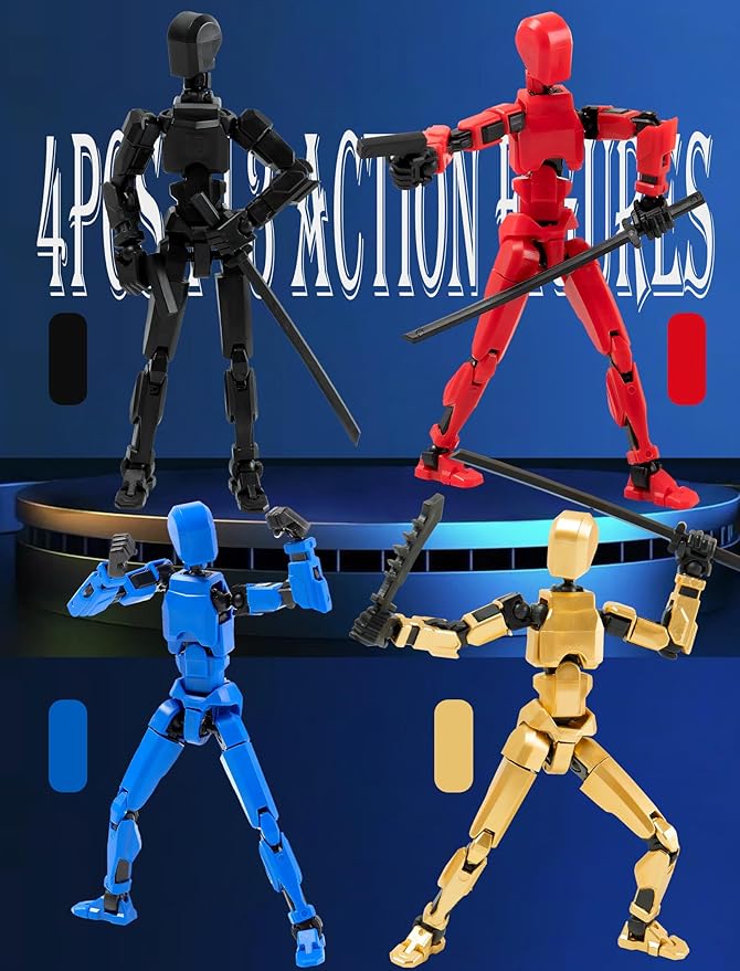 4PCS Assembled Titan T-13 Action Figures Set Lucky Dummy Nova 13 Action Figure Robot Anime Stick Figures Fidget Toys for Boys Multi Movable Joints Gifts Toys for Kids (Black+Blue+Golden+Red)