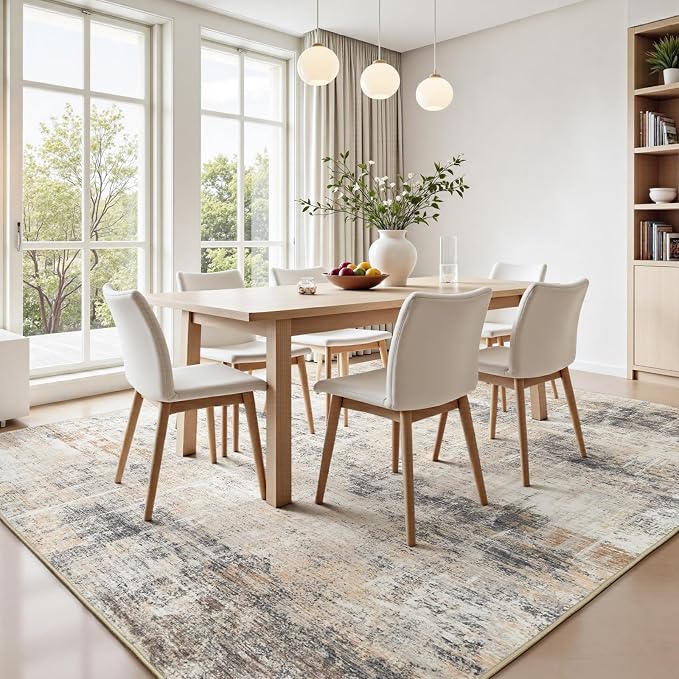 6x9 Area Rug for Living Room, Abstract Washable Non-Slip Carpet, Gold | Soft Neutral Rug for Bedroom, Dining Room, Home Office Nursery Indoor, Stain Resistant, Low Pile, Foldable Modern Rug