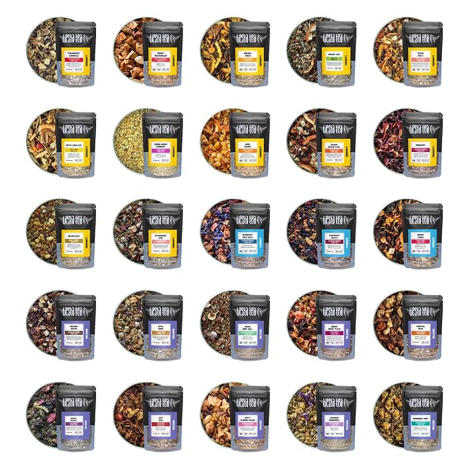Tiesta Tea - Caffeine Free Tiesta Tasting Sampler Dry Flight Set, Loose Leaf, No Caffeine, Makes Hot & Iced, Assorted Tea Sets with Herbal, and Fruit Blends, 25 Resealable Sample Pouches