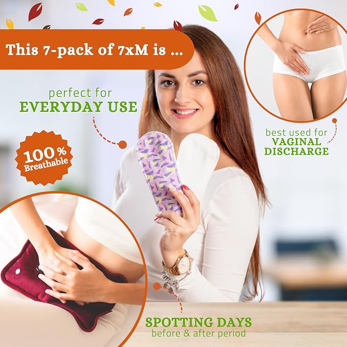 Cloth Panty Liners Thong 7-Pack (Small) Mini Organic Cotton Reusable Panty Liners for Women & Non Slip Reusable Panty Liners for Women 7-Pack (M) Organic Cotton Panty Liners Reusable