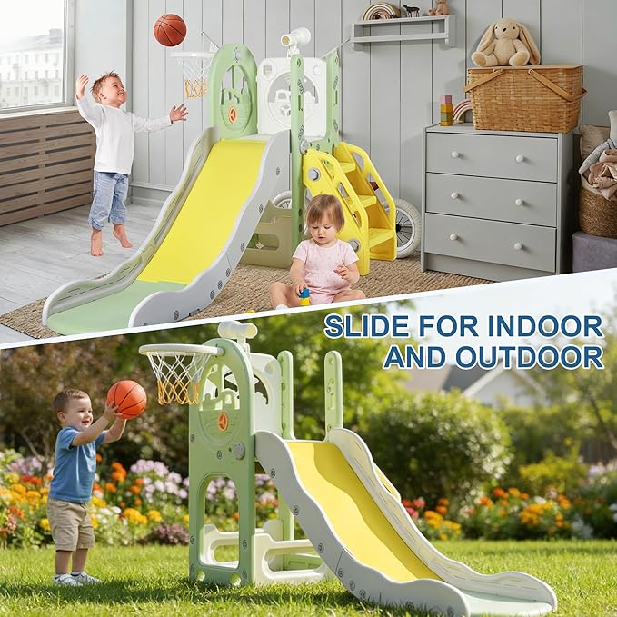 6 in 1 Toddler Playset Toddler Slide and Climber Playset, L-Shaped Kids Slide with Basketball Hoop, Telescope & Storage, Sturdy Indoor Outdoor Playground, for Boys Girls 1-3+