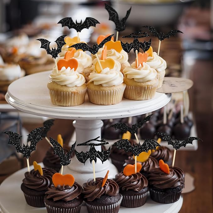 Gyufise 24Pcs Halloween Bat Cupcake Toppers Black Glitter Bat Halloween Cupcake Picks for Horror Theme Baby Shower Kids Birthday Party Cake Decorations Supplies