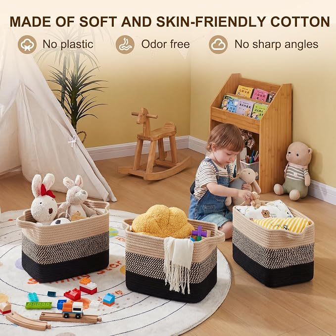 OIAHOMY Storage Basket, Woven Baskets for Storage, Cotton Rope Basket for toys,Towel Baskets for Bathroom - Pack of 3, Black & Brown
