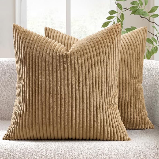 MIULEE Decorative Corduroy Throw Pillow Covers Set of 2 20x20 Khaki | Soft Striped Textured Cushion Cases, Boho Rustic Square Pillowcases for Home Decor, for Couch Chair Sofa Bed Living Room