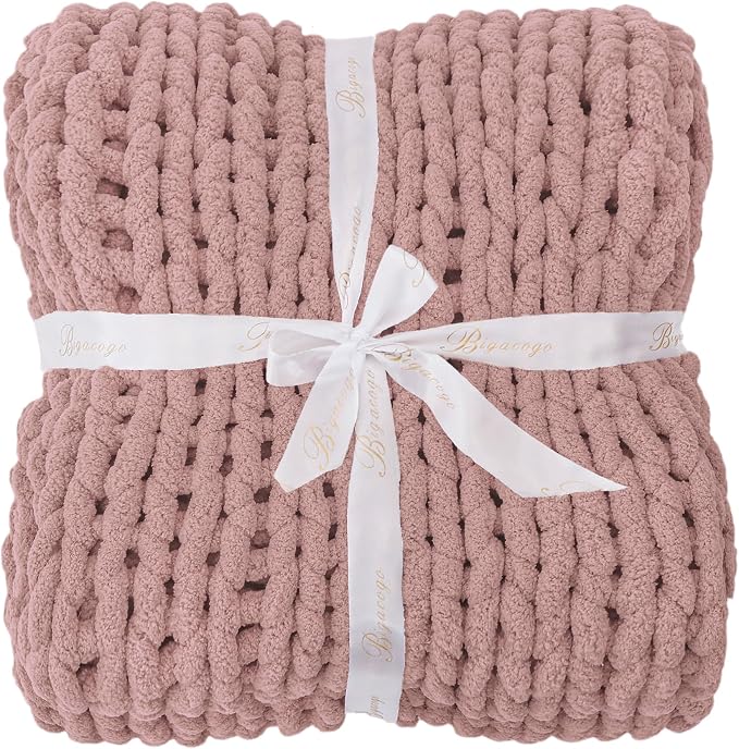 Bigacogo Chunky Knit Throw Blanket for Couch, 40x80 inches, Dusty Pink | Hand Knit with Jumbo Chenille, Soft Breathable Cable Knit for Sofa Bed Living Room, Machine Washable, Gift for Mom Friend