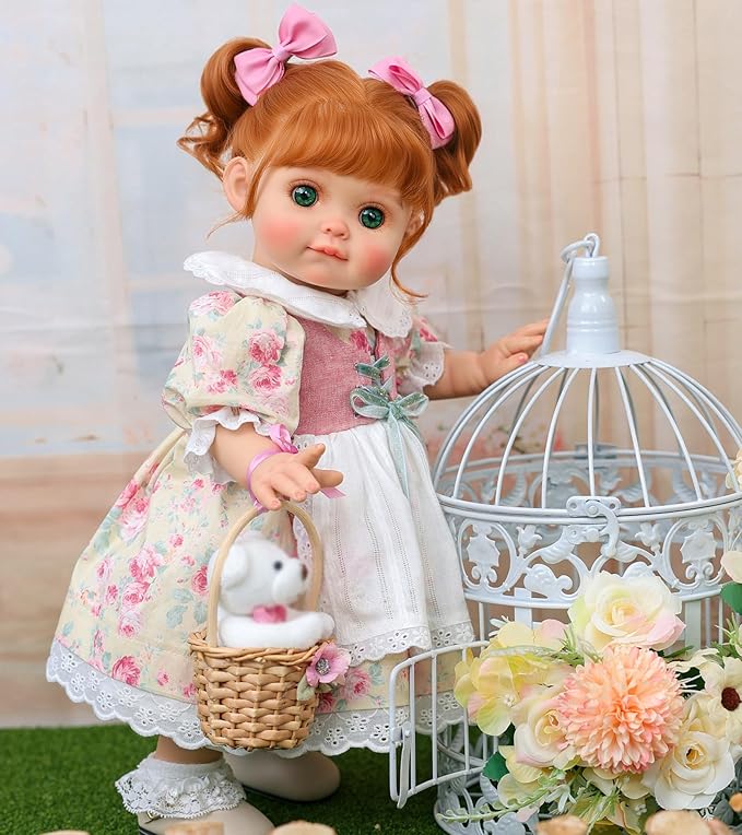 Baby Doll, 18 Inch Realistic Reborn Toddler Real Life Baby Dolls with Vintage Floral Dress, Little Bear & Woven Basket, Premium Collectible Doll Gifts for 3+ Year Old Girls
