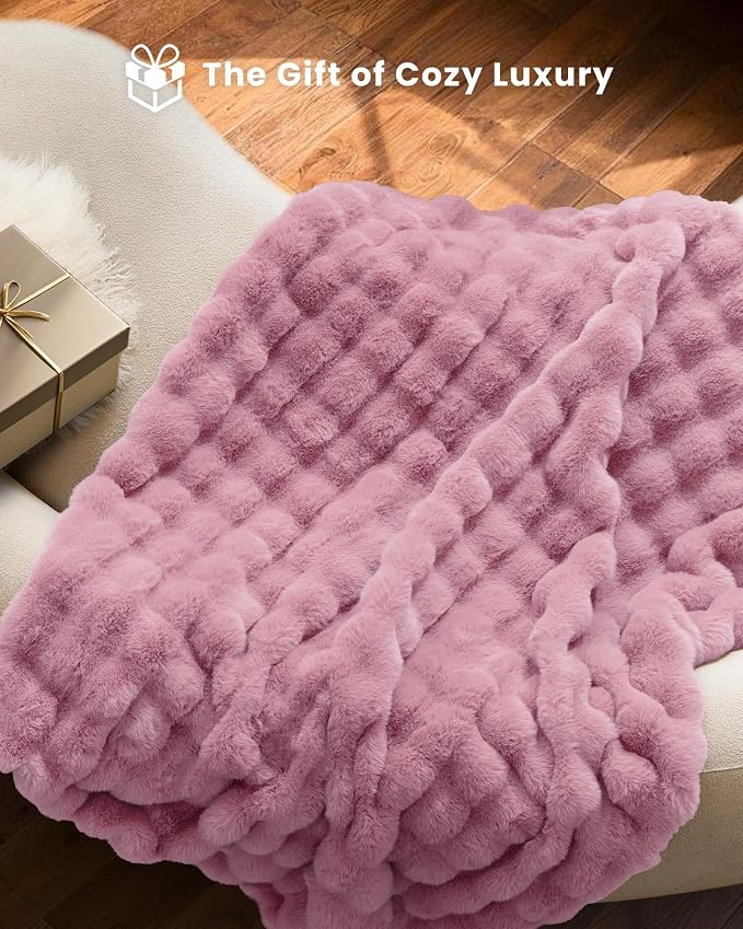 Ultra Soft Cozy Faux Fur Throw Blanket, Fuzzy Plush Thick Bubble Blanket, Oversize Luxury Fluffy Blanket for Couch, Bed, and Living Room, 60x80 Inches, Pink