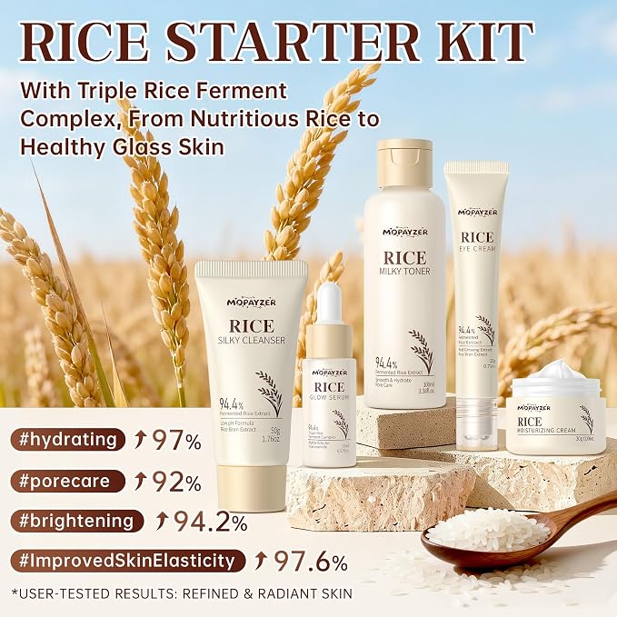 5PCS Rice Skincare Set, Korean Skin Care Set for Women Teens Girls, Rice Cleanser Toner Serum Face Cream Eye Cream, Hydrating Moisturizing Skin Care Set for Daily Face Care Routine