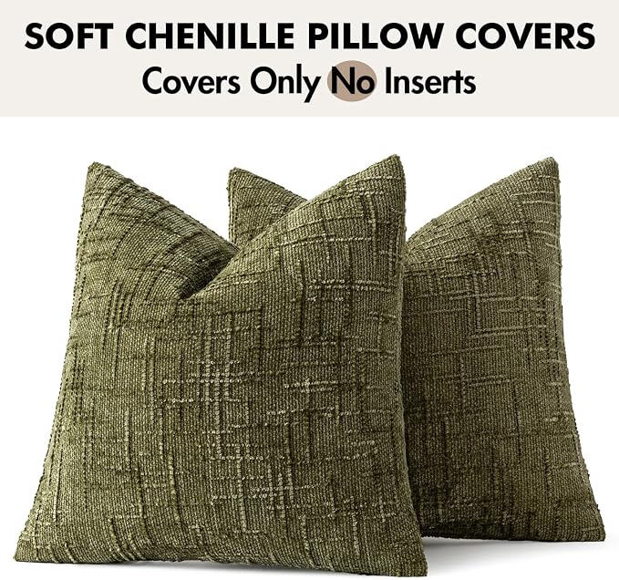 MIULEE Chenille Textured Throw Pillow Covers Olive Green 18x18 Set of 2 | Slubby Decorative Pillows, Boho Farmhouse Home Decor, Modern Neutral Cushion Covers for Couch Sofa Bed Living Room