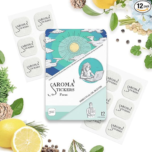AROMA STICKERS® Original Blend Focus - 100% Natural Essential Oil Scented Stickers for Personal Space - Towels, Blankets, Face Mask & Pillow (Pack of 1, 12 Stickers)