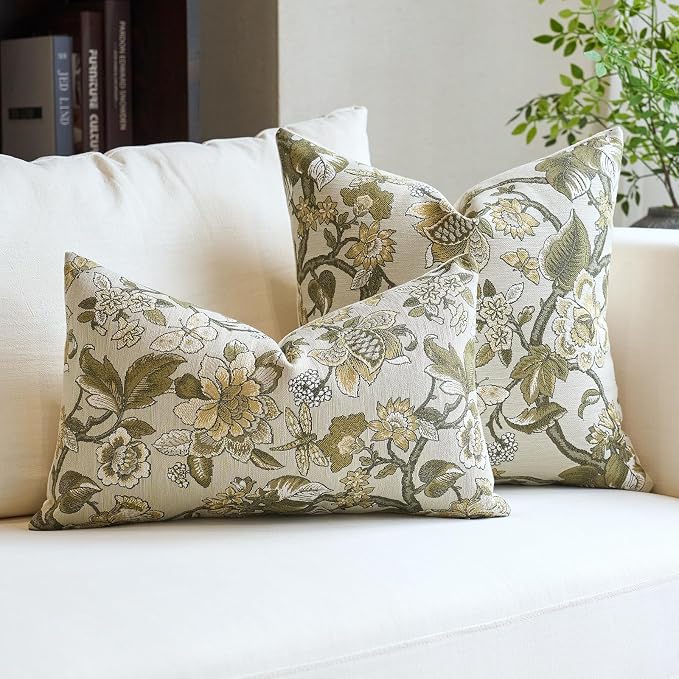 Neutral Floral Pillow Cover 12x20, Vintage Linen Lumbar Pillow Cover Soft Decorative Farmhouse Accent Pillow Case for Couch Bedroom Living Room Home Decor, Beige