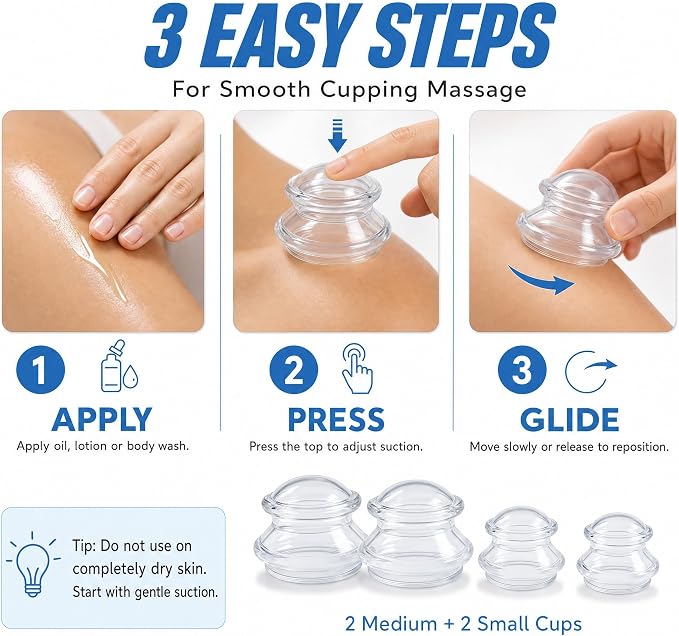 ELERA Silicone Cupping Set for Face & Body, 4 Pcs Facial Cupping Therapy Kit, Lymphatic Drainage Tool & Fascia Massage Cups for Neck, Shoulder & Muscle Pain Relief (2 Medium, 2 Small)