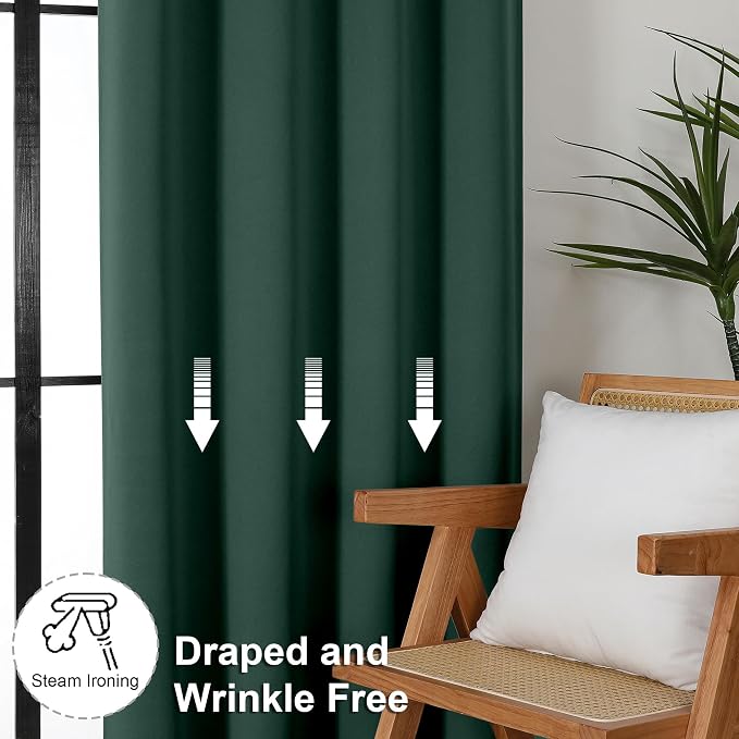 Simplebrand Ava Ever Green Blackout Curtains for Bedroom 63 Inch Length 2 Panels Set, Thermal Insulated Energy Saving Rod Pocket Window Treatment Curtains Blackout Drapes, W40 x L63 Inch, Ever Green