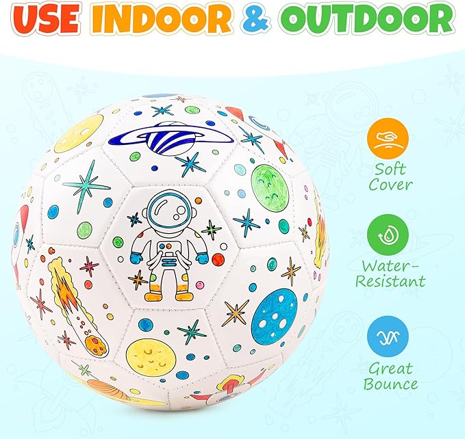 EVERICH Paint Your Own Soccer Ball with Markers, Toddler Arts and Crafts Soccer Gifts, Kids Soccer Ball Size 3 Astronaut Toys for Boys Girls, Sports Drawing DIY Design Color Play Ball Games with Pump