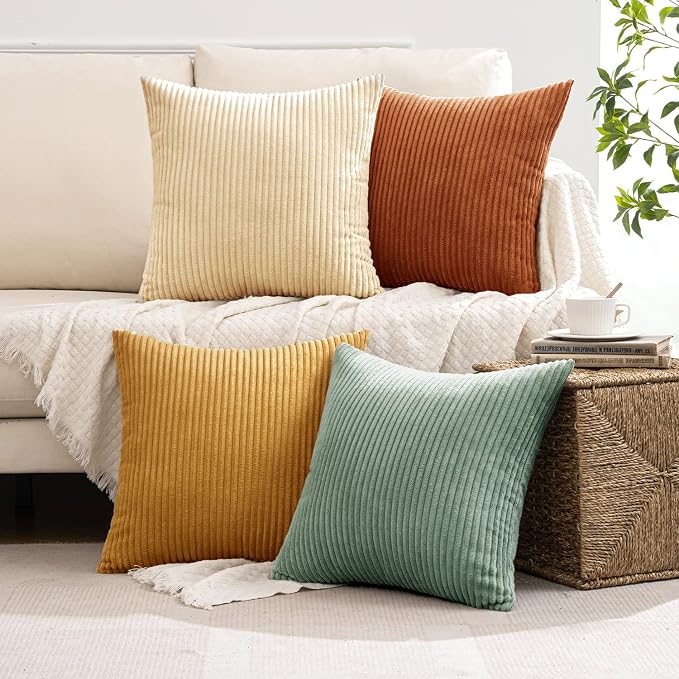 MIULEE Soft Corduroy Decorative Throw Pillow Covers Orange Teal 20x20 | Set of 4, Mordern Rustic Home Decor, Retro Vintage Set, Boho Farmhouse Cushion Covers for Couch Bed Sofa Living Room