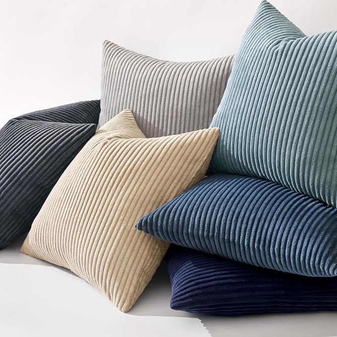 MIULEE Decorative Corduroy Throw Pillow Covers Set of 2 18x18 Smoky Blue | Soft Striped Textured Cushion Cases, Boho Coastal Square Pillowcases for Home Decor, for Couch Chair Sofa Bed Living Room