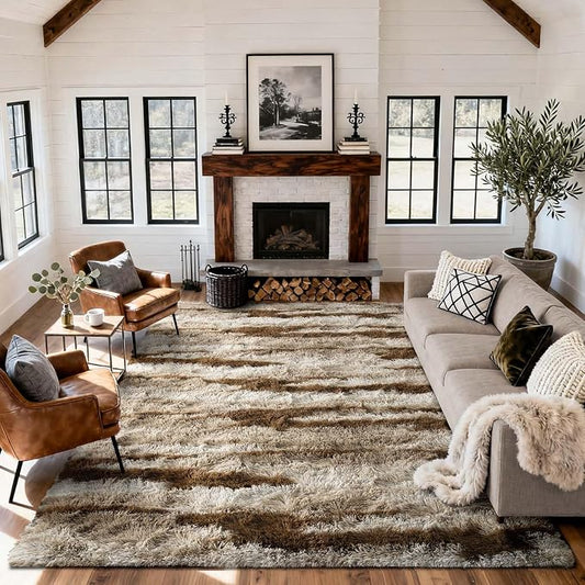 7x10 Ft Extra Large Shag Rugs for Living Room, Tie Dyed Ultra Soft Fluffy Furry Area Rugs for Bedroom Indoor Floor, Aesthetic Carpet for Kids Home Decor (Khaki)