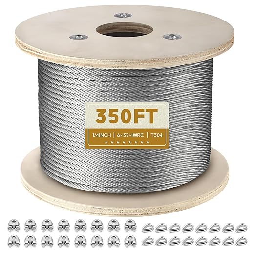 1/4" Stainless Steel Cable, 350FT Wire Rope Aircraft Cable with Cable Clamps and Thimbles for Backyard Zipline, String Lights and Deck Railing, 6x37 Strands Construction