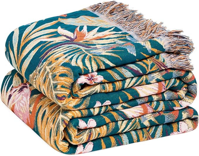 LUTBM Boho Throw Blanket for Couch 50"x60", Cotton Decorative Bed Throws | Reversible Leaves Birds Jacquard, All-Season Lightweight Soft Blanket, For Chair Sofa Bedroom Living Room Decor, Accent Gift
