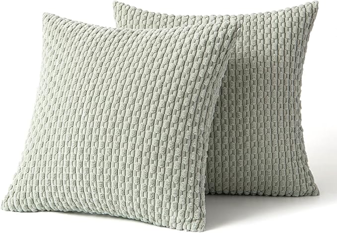 MIULEE Decorative Throw Pillow Covers 18x18 Light Green Textured Corduroy | Pack of 2 Striped Pillow Covers Modern Farmhouse Home Decor for Couch Bed Sofa Living Room