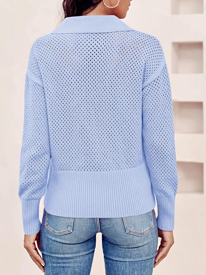 Doshoop Womens Summer Crochet Sweaters Long Sleeve Hollow Out Knit Half Zip Lapel Collar Pullover Tops