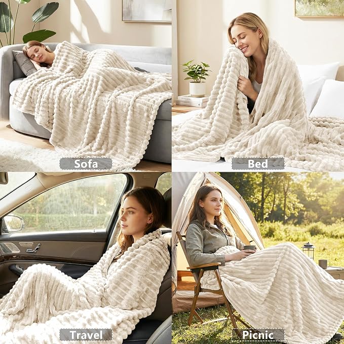 HIMEET Beige Throw Blanket for Couch, 300GSM Ribbed Fleece, 50 x 60 Inches | Ultra Soft Flannel, All-Season Lightweight Warmth, Home Room Decor & Dorm Essential, Gift for Men & Women, Machine Washable