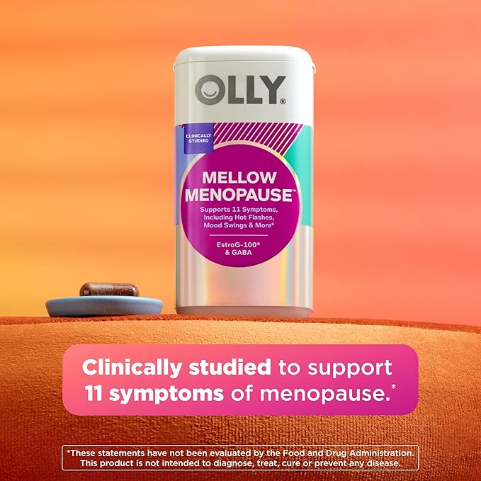 OLLY Mellow Menopause Supplements for Women, Supports Hot Flashes, Vaginal Dryness & Occasional Mood Swings,* Estro-G100®, GABA, Vegan Capsules, 1 Month Supply - 30 Count
