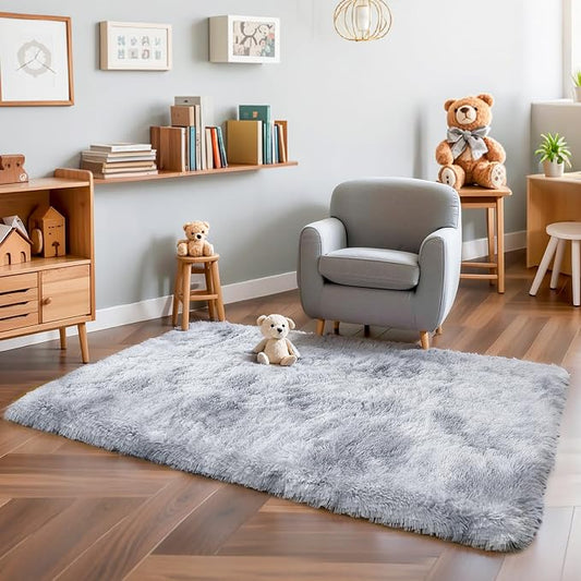 3x5 Thick Tie-Dye Gray Fluffy Shag Rug for Bedroom, Plush Carpet | Area Rug for Living Room, Kids Nursery, Dorm Room, Washable Non Slip Shaggy Floor Carpet
