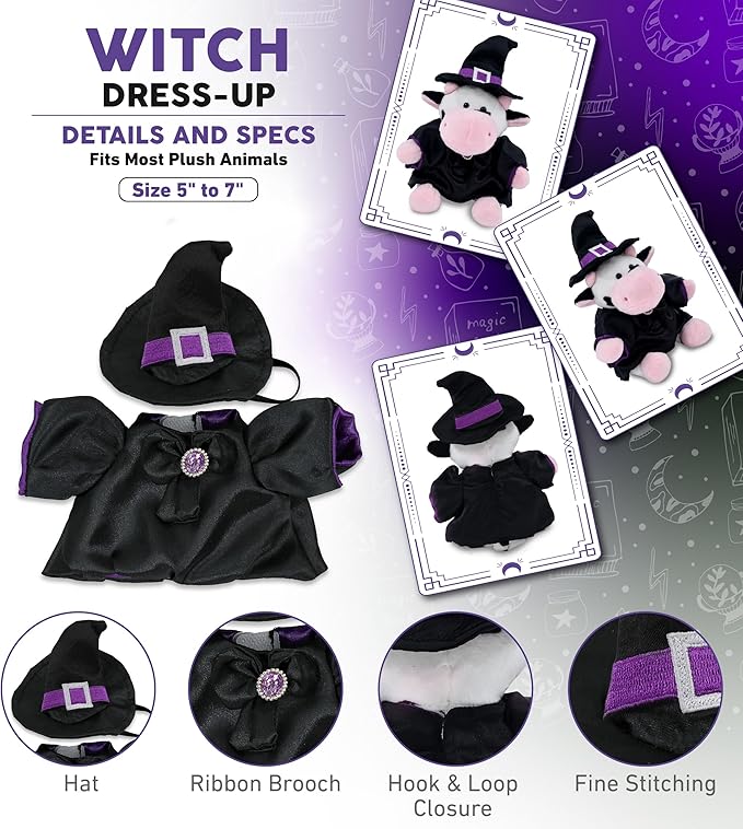 DolliBu Witch Stuffed Animal Dress Up Set - Halloween Costume Outfit with Hat and Dress - Spooky Pretend Play Accessories for Teddy Bears – Small for 5 to 7 Inch Plush Toys