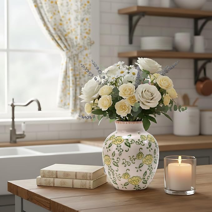 SIDUCAL Ceramic Vintage Vase, 5.83 Inch Yellow Rose Chinoiserie Floral Vase, Rustic Farmhouse Vases for Bouquet, Home Decor, Living Room, Bookshelf, Garden, Tuscan Decor