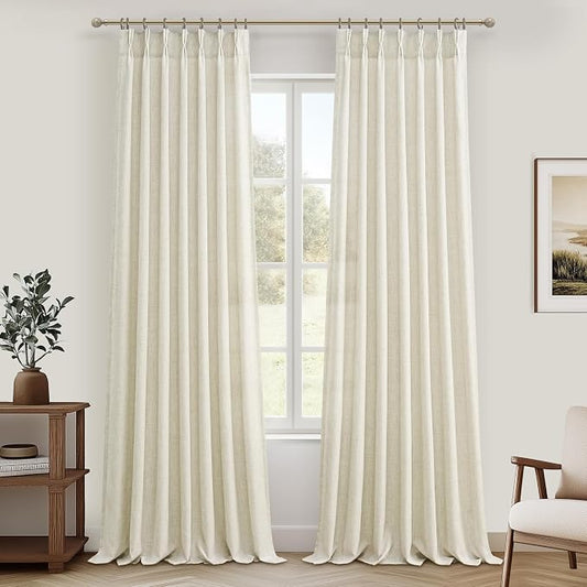 70 Inch Extra Wide Pleated Linen Kids Room Curtains 102 Inches Long, Cream Memory Trained Light Filtering Privacy Semi Sheer Curtain Energy Efficient Decorative Windows Drapes 2 Panels Set with Hooks