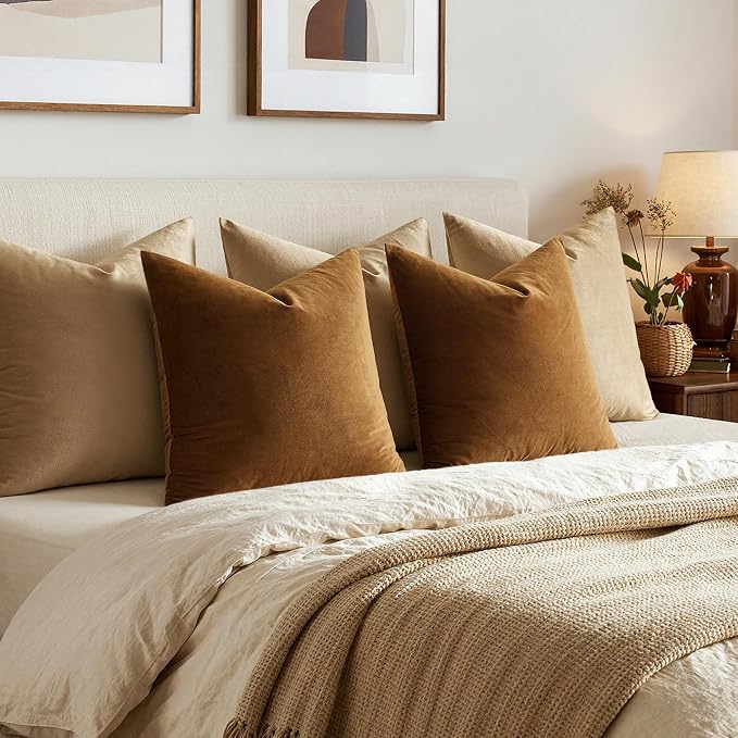 MIULEE 24x24 Inch Pack of 2 Euro Velvet Throw Pillow Covers Golden Brown | Soft Solid Decorative Euro Sham, Modern Luxury Home Decor, for King Bed Sofa Couch Bedroom Livingroom