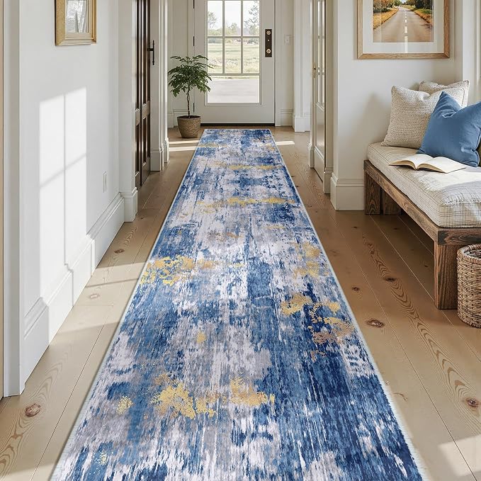 RELEANY Washable Runner 2'6"x14' Abstract Area Rug for Hallway Blue Gold | carpet for kitchen, entryway, bathroom, living room, bedroom, printed pattern, non-slip, soft, stain-resistant, easy to clean