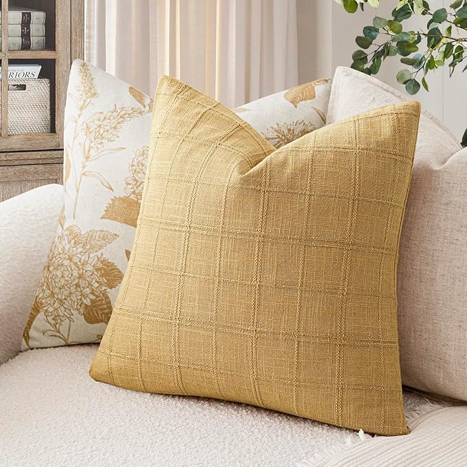 Foindtower Set of 2 Decorative Linen Check Throw Pillow Covers Neutral Farmhouse Vintage Cushion Covers Modern Boho Accent Home Decor for Sofa Chair Couch Bedroom Living Room,26×26 Inch,Amber Gold