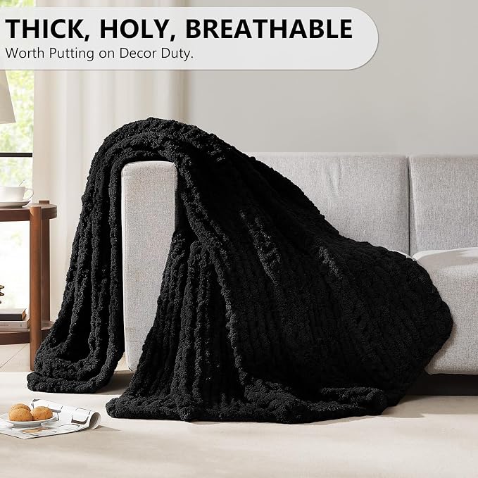 L'AGRATY Chunky Knit Throw Blanket for Couch, 72'' x 84'' Knit Throw, Black | Handmade Chenille Crochet Blanket for Sofa Bed, Thick Cable Knitted Blankets for Room Home Decor, Birthday Gift for Women Mom