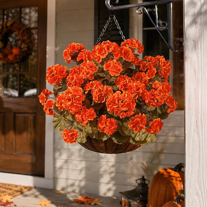 Fake Geraniums Artificial Flowers for Outdoors Fall Autumn Decoration, 6 Bundles Silk Geraniums Look Real Faux Fall Flowers Plants for Front Door Garden Planter Patio Balcony Yard Home Indoor, Orange