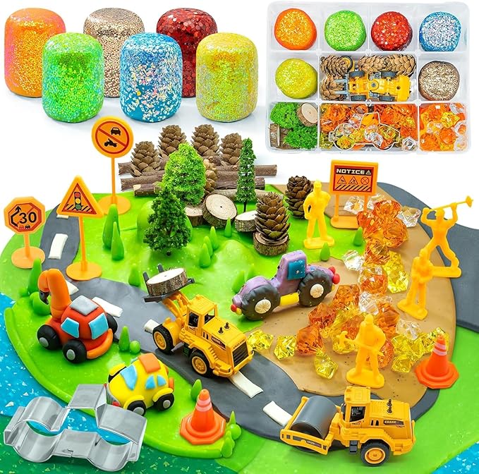 SIMPLIPLAY Construction Sensory Kit with 6 PCS 18oz Glitter Doughs & Accessories(About 80pcs), Color Dough Set, Construction Boy Sensory Kit with Toy Trucks for Kids Toddlers Creative Gift