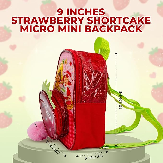 AI ACCESSORY INNOVATIONS Strawberry Shortcake 9” Micro Mini Backpack Purse Featuring Glitter PU, Diecut Strawberry Pocket & Pompom Dangle, Red