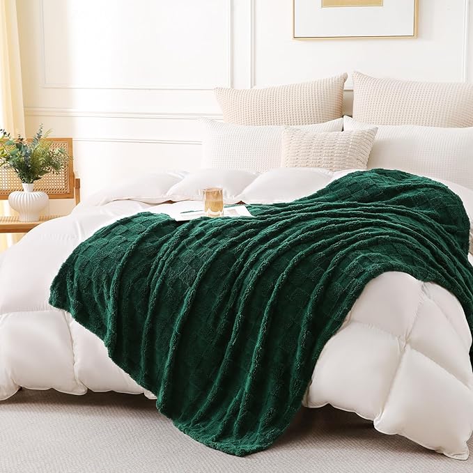 Green Fleece Throw Blanket 50”×60”Checkered Design for Couch Sofa | Super Soft Cozy Plush Microfiber 3D Square Pattern Flannel Blanket for Bed Lightweight for Adults,Women
