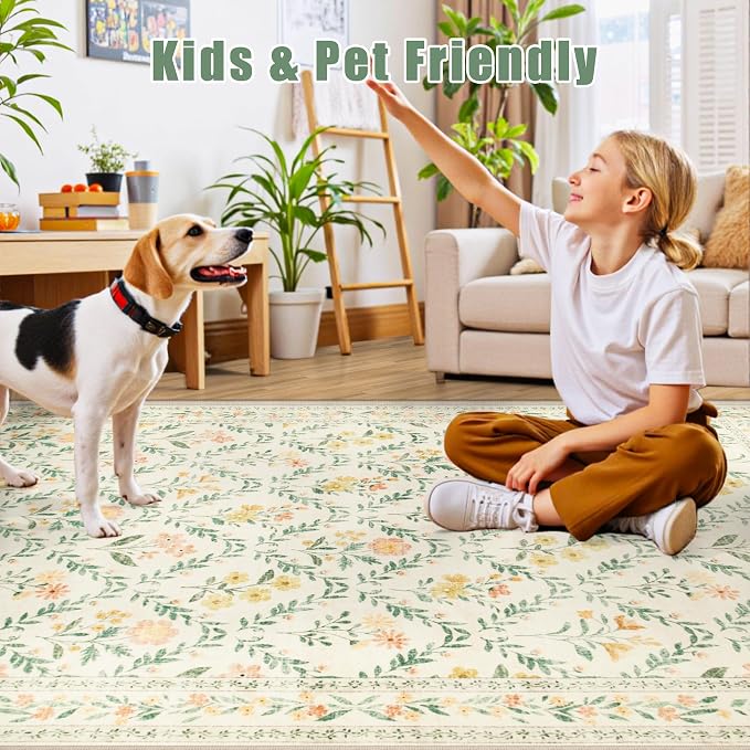 Runner Rug for Entryway: 3x10 Kitchen Rugs Non Slip Washable Ultra-Thin Soft Floral Carpet Indoor Floor Stain Resistant Carpets for Hallway Bedroom Kitchen Laundry Bathroom Dorm Beige/Multi