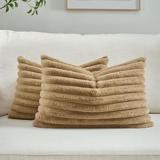 FUTEI Pack of 2 Faux Fur Throw Pillow Covers 12x20 Inch, Camel | Fluffy Faux Rabbit Fur Front/Premium Velvet Back,Hidden Zipper,Machine Washable,Non-Shedding,Colorfast,Insert Not Included.
